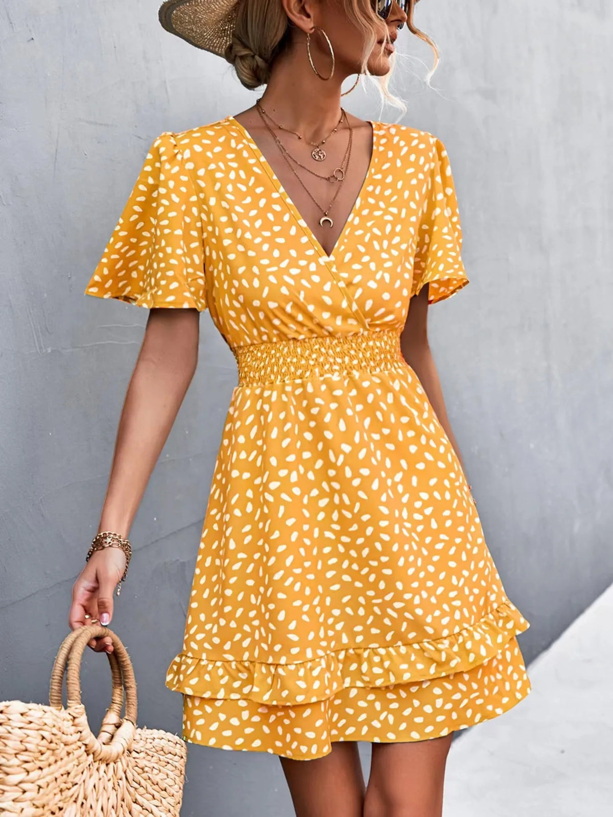 V-Neck Flutter Sleeve Mini Dress by Elaine