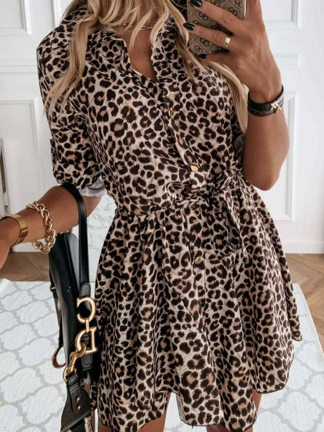 Printed Roll-Tab Sleeve Mini Dress