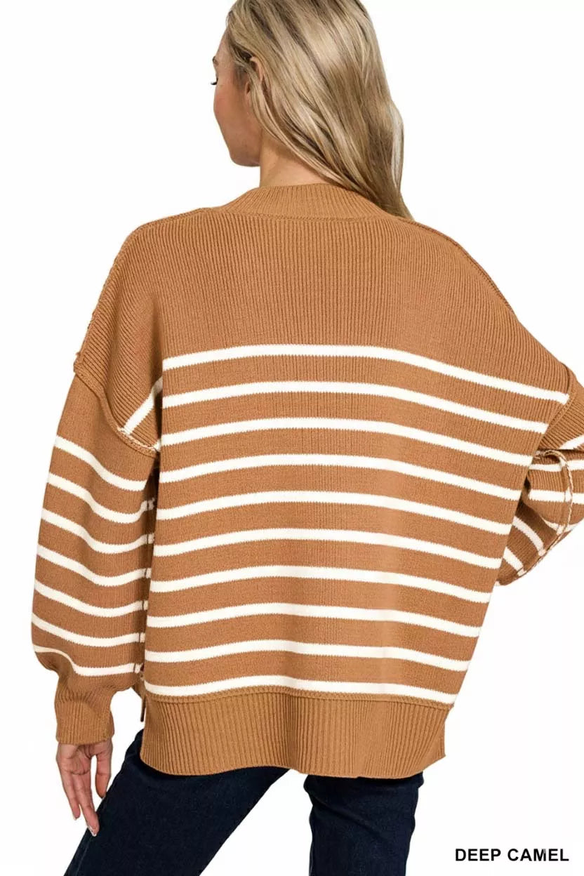 Zenana Exposed Seam Striped Sweater in Deep Camel