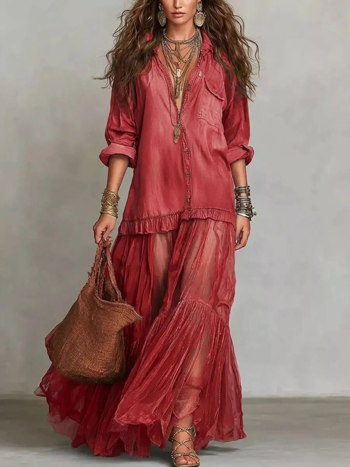Ruffled Long Sleeve Sheer Maxi Dress