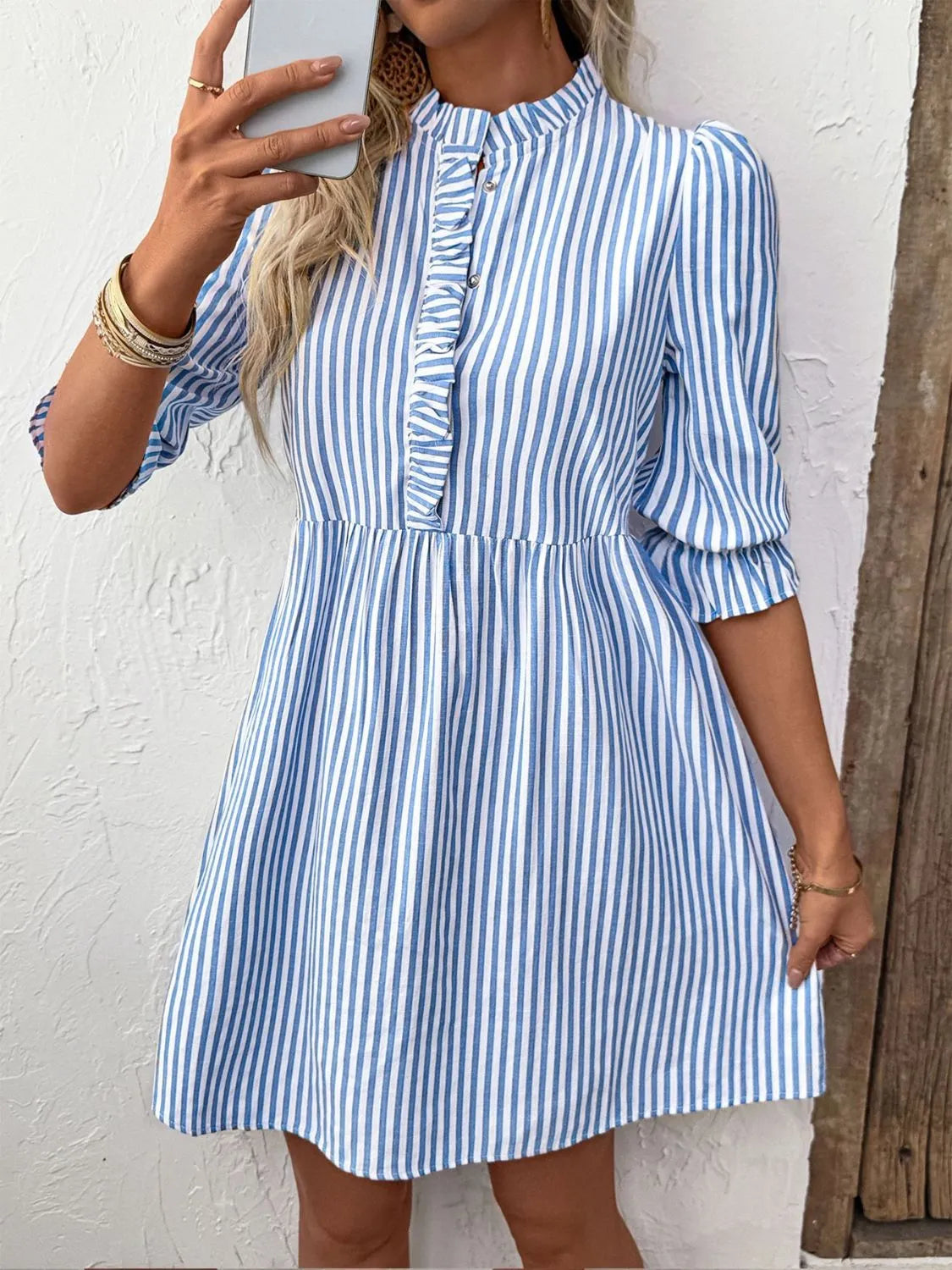 Striped Half Sleeve Mini Shirt Dress in Light Blue