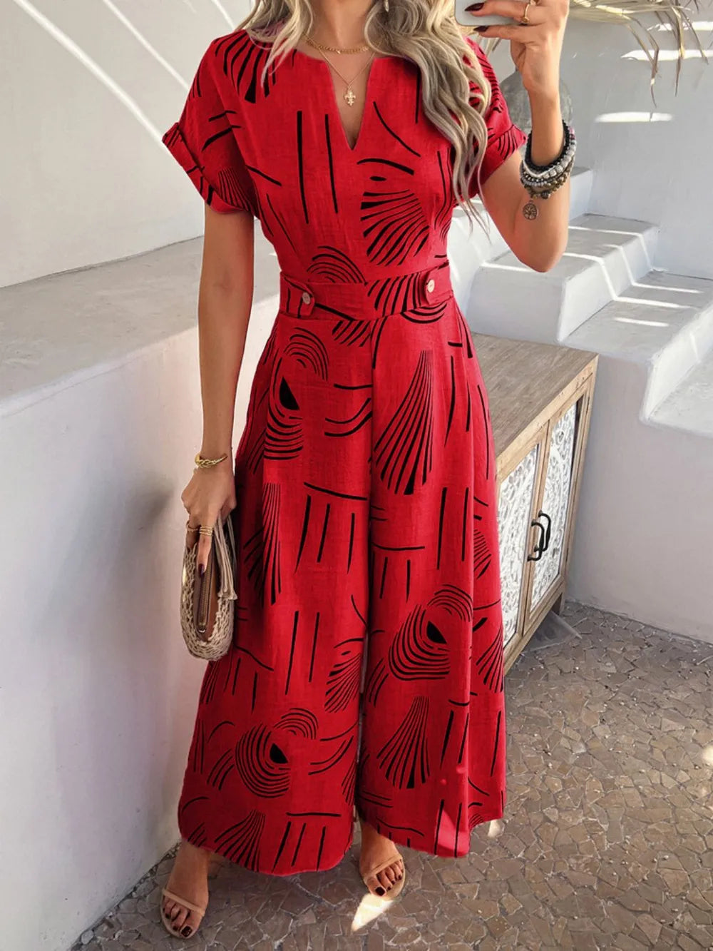 Printed Notched Wide-Leg Jumpsuit