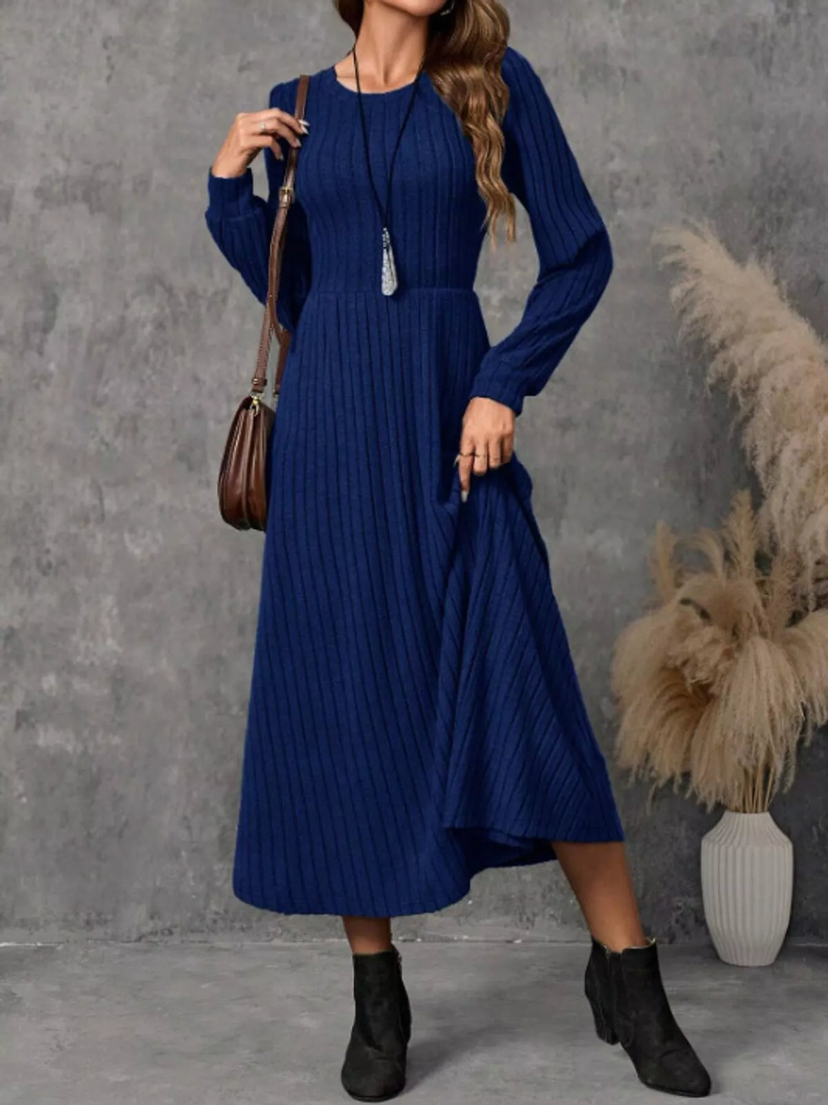 Ribbed Knit A-Line Midi Dress