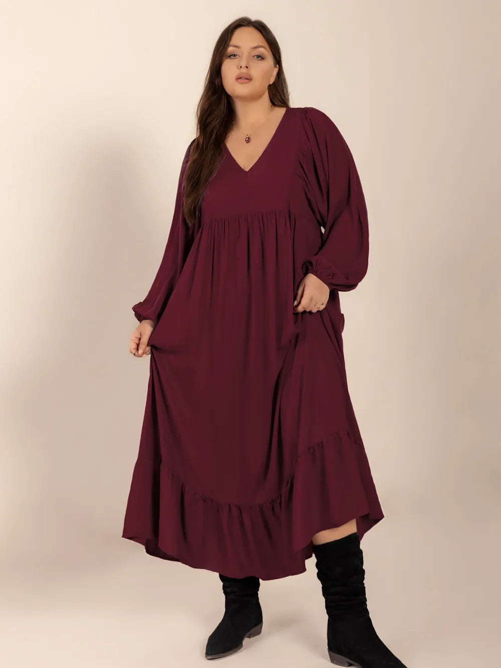 Ruffled Hem V-Neck Balloon Sleeve Dress in Burgundy