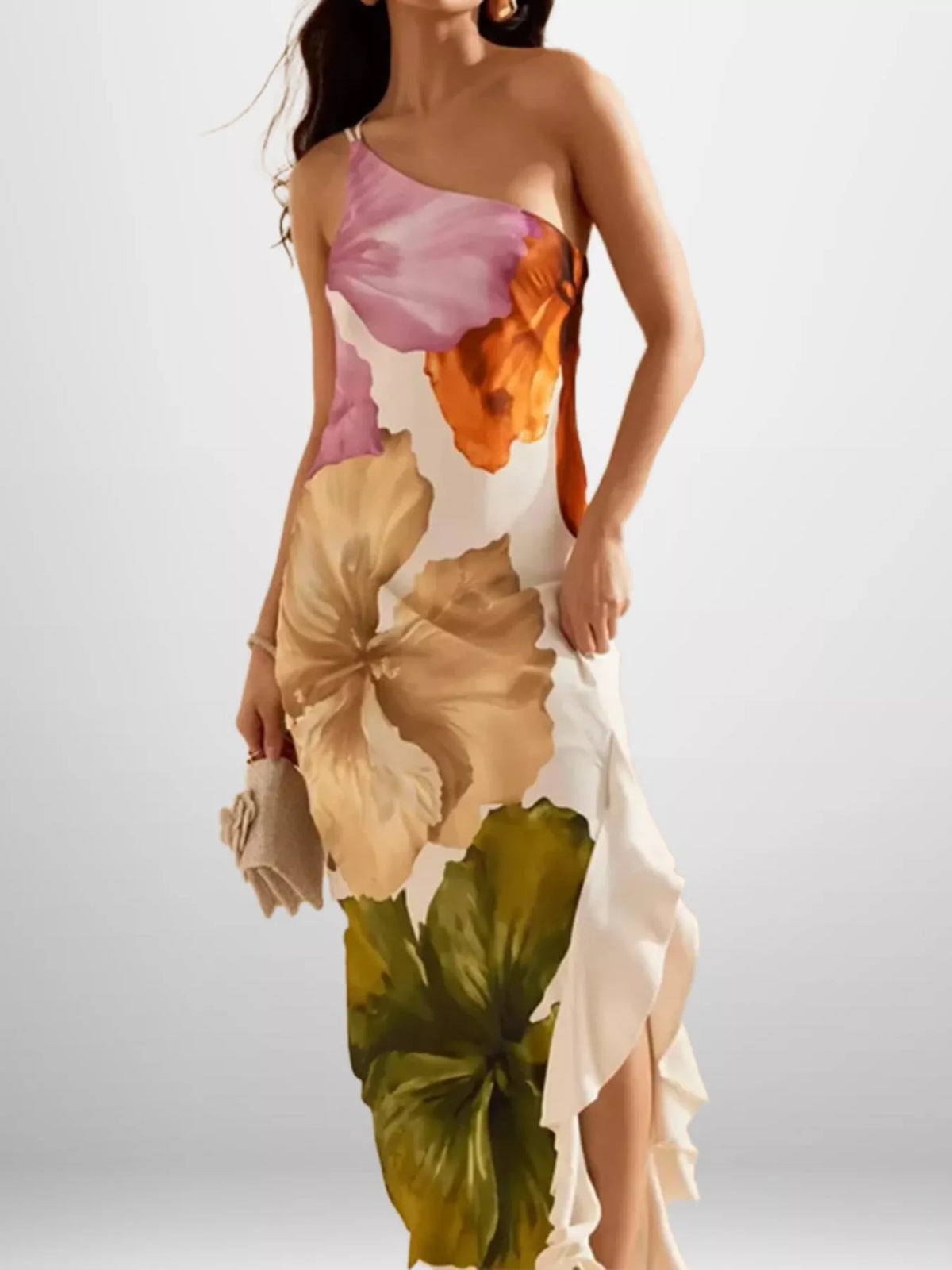 Ruffled One-Shoulder Floral Maxi Dress