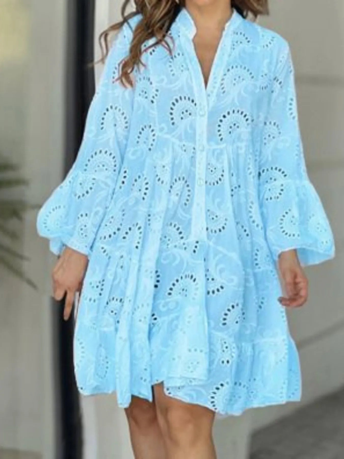 Eyelet V-Neck Tiered Ruffle Dress
