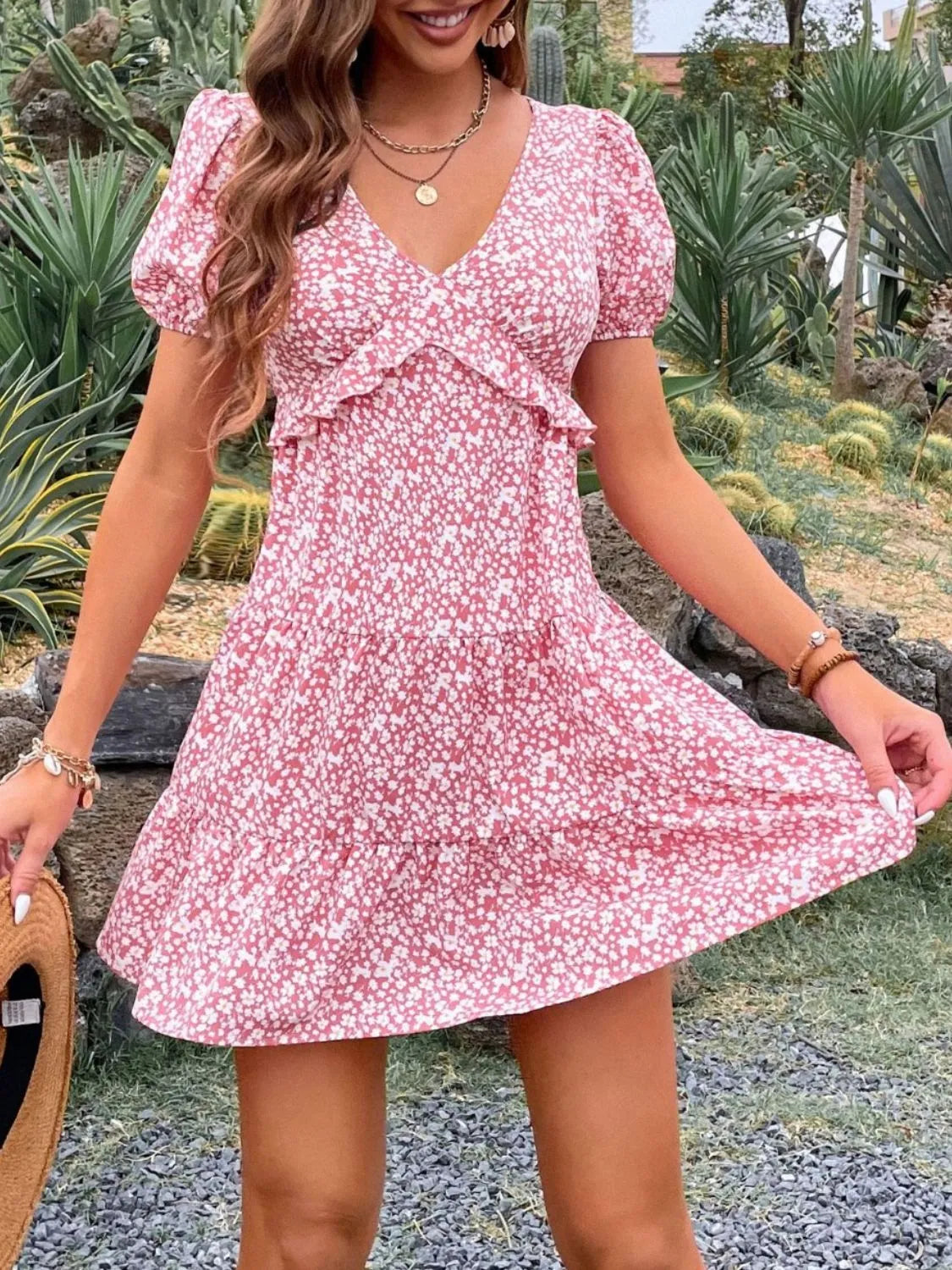 Floral Print Wrap Mini Dress with Puff Sleeves in Blush Pink