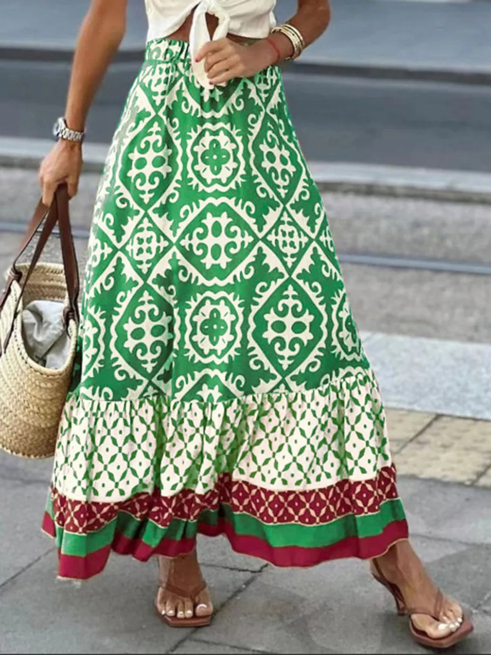 Geometric Print Elastic-Waist Maxi Skirt