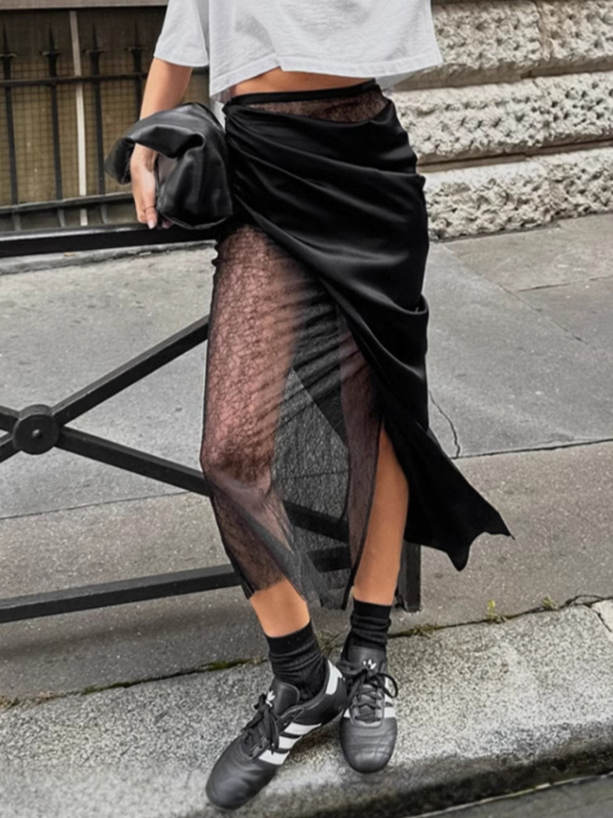 Lace Panel Midi Skirt in Black