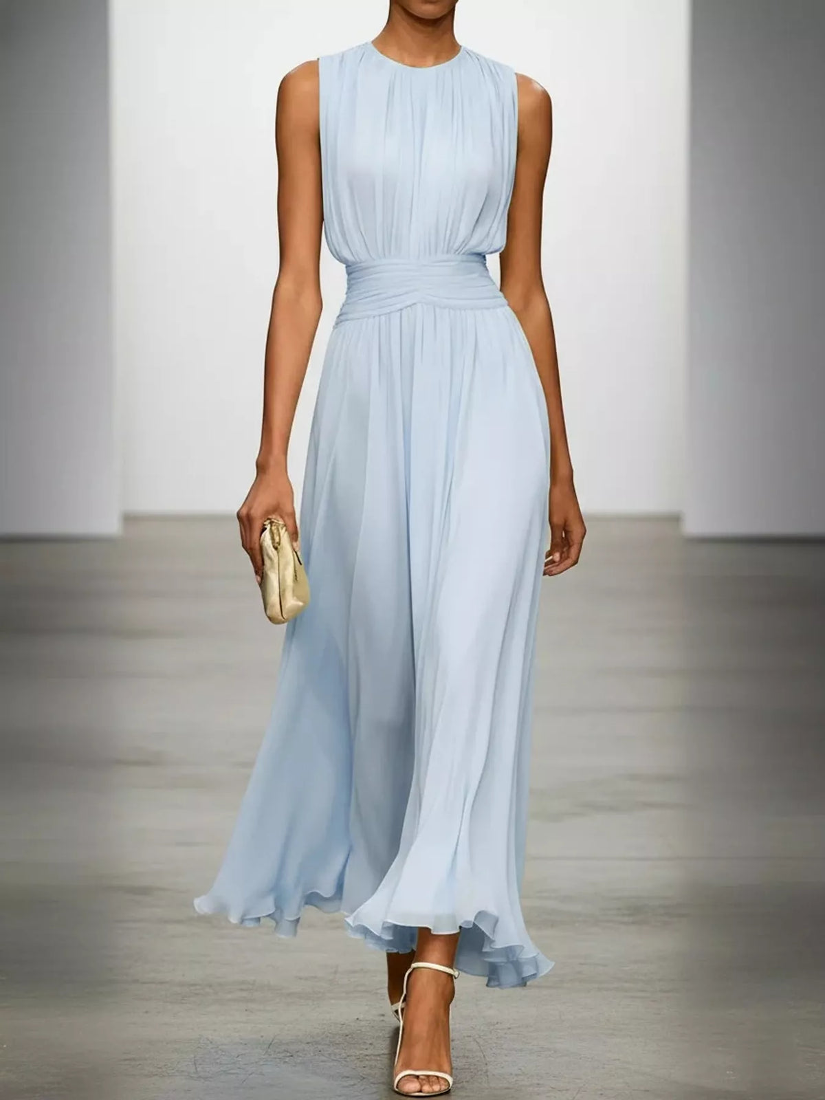 Sleeveless Ruched Chiffon Maxi Dress