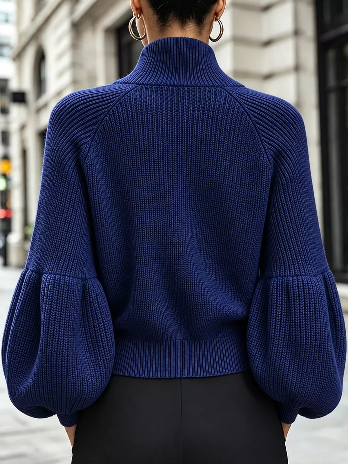 Ribbed Knit Zip-Up Cardigan with Lantern Sleeves