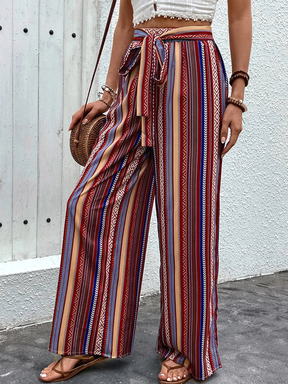 Geometric Tied Wide Leg Pants in Rust