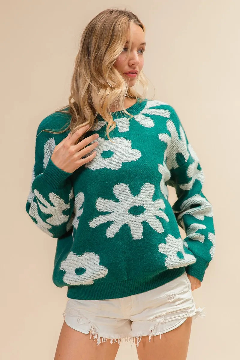 Flower Pattern Long Sleeve Sweater Top in Hunter by BiBi