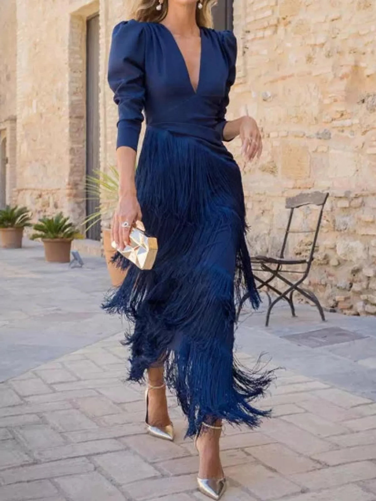 Fringed V-Neck Puff Sleeve Maxi Dress