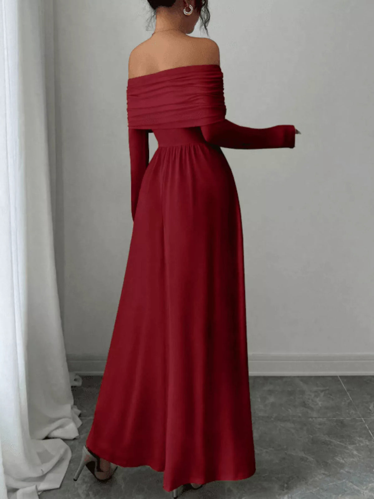 Off-Shoulder Long Sleeve Maxi Dress in Red