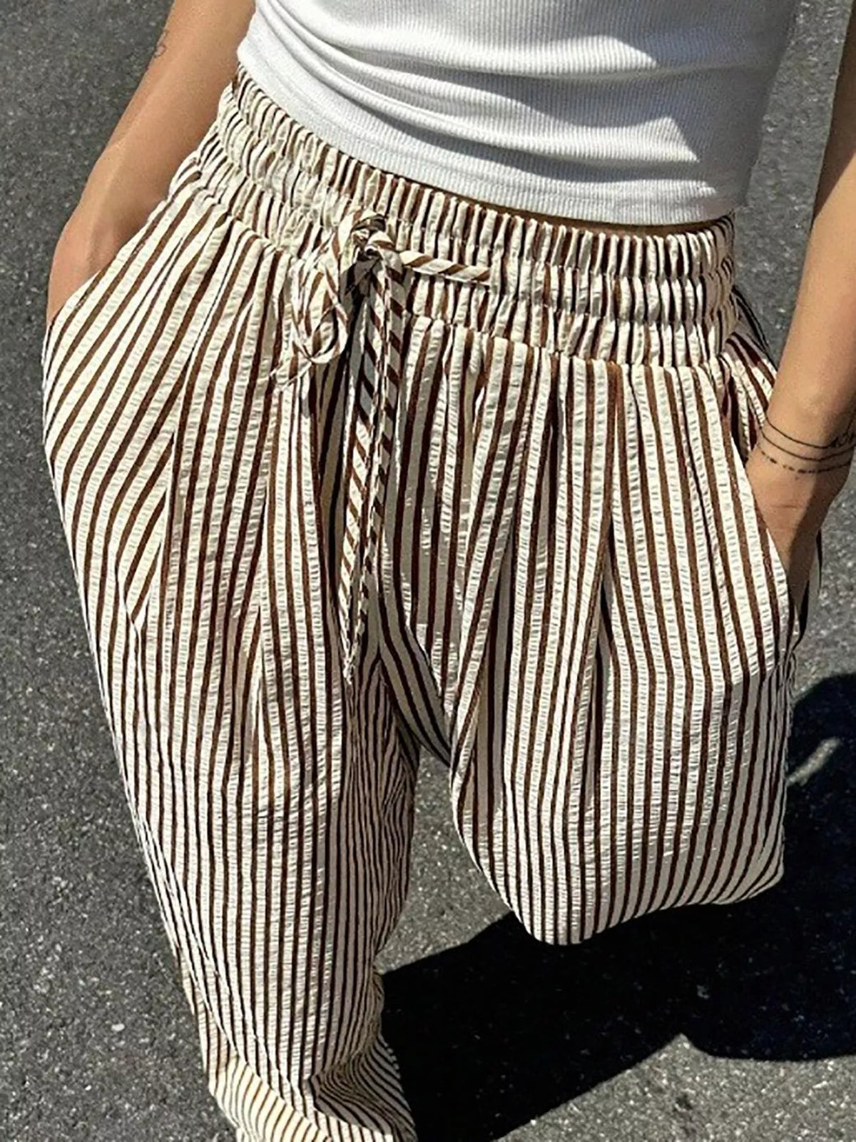 Striped Drawstring Wide Leg Pants