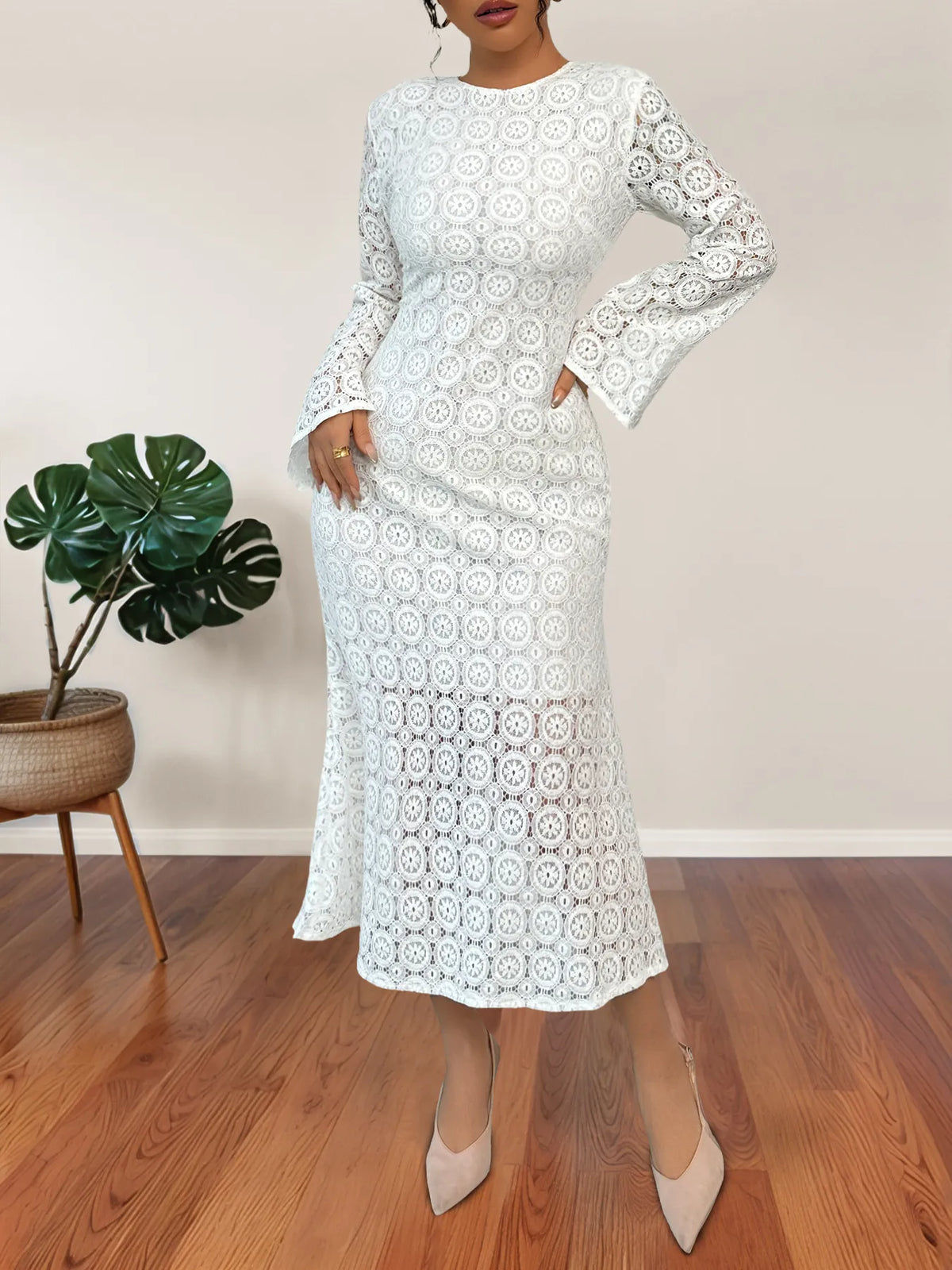 Lace Long Sleeve Midi Dress in White