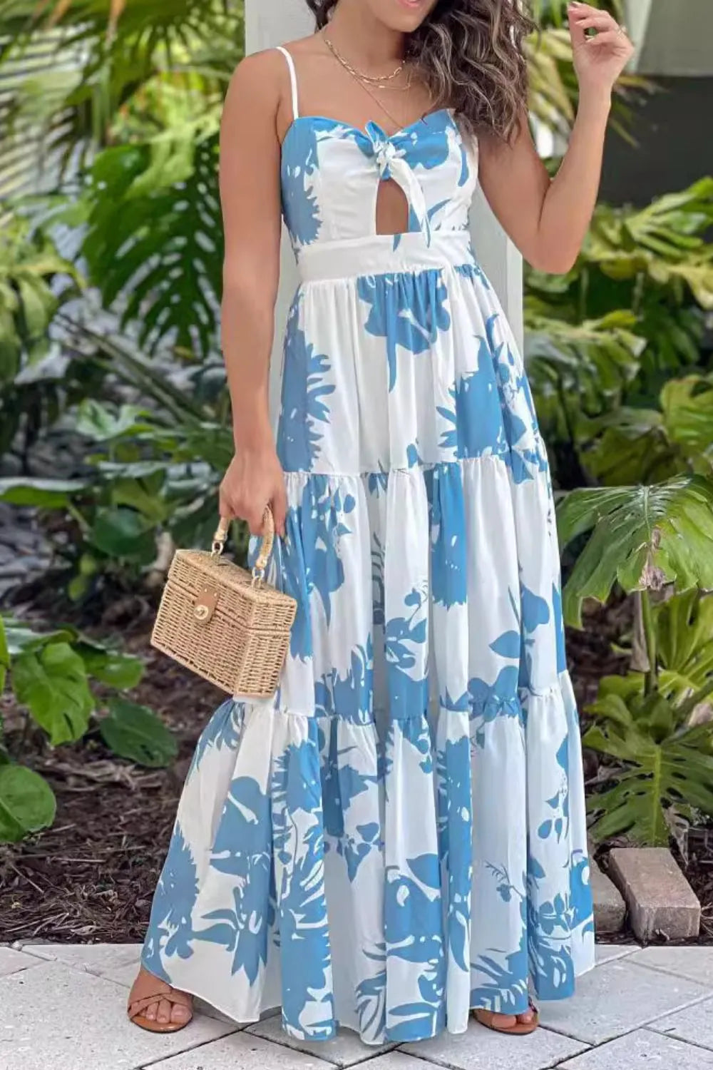 Cutout Sweetheart Neck Tiered Maxi Dress in Sky Blue by Shenori