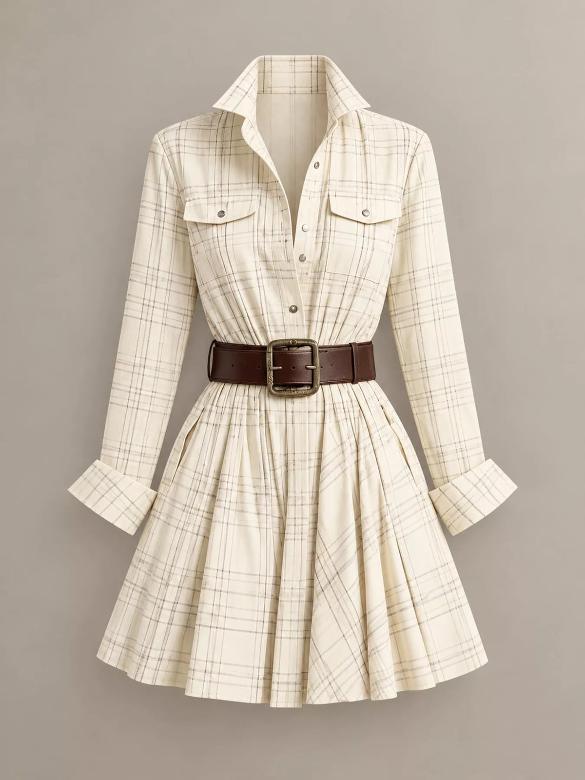 Plaid Long-Sleeve Shirt Dress with Belt