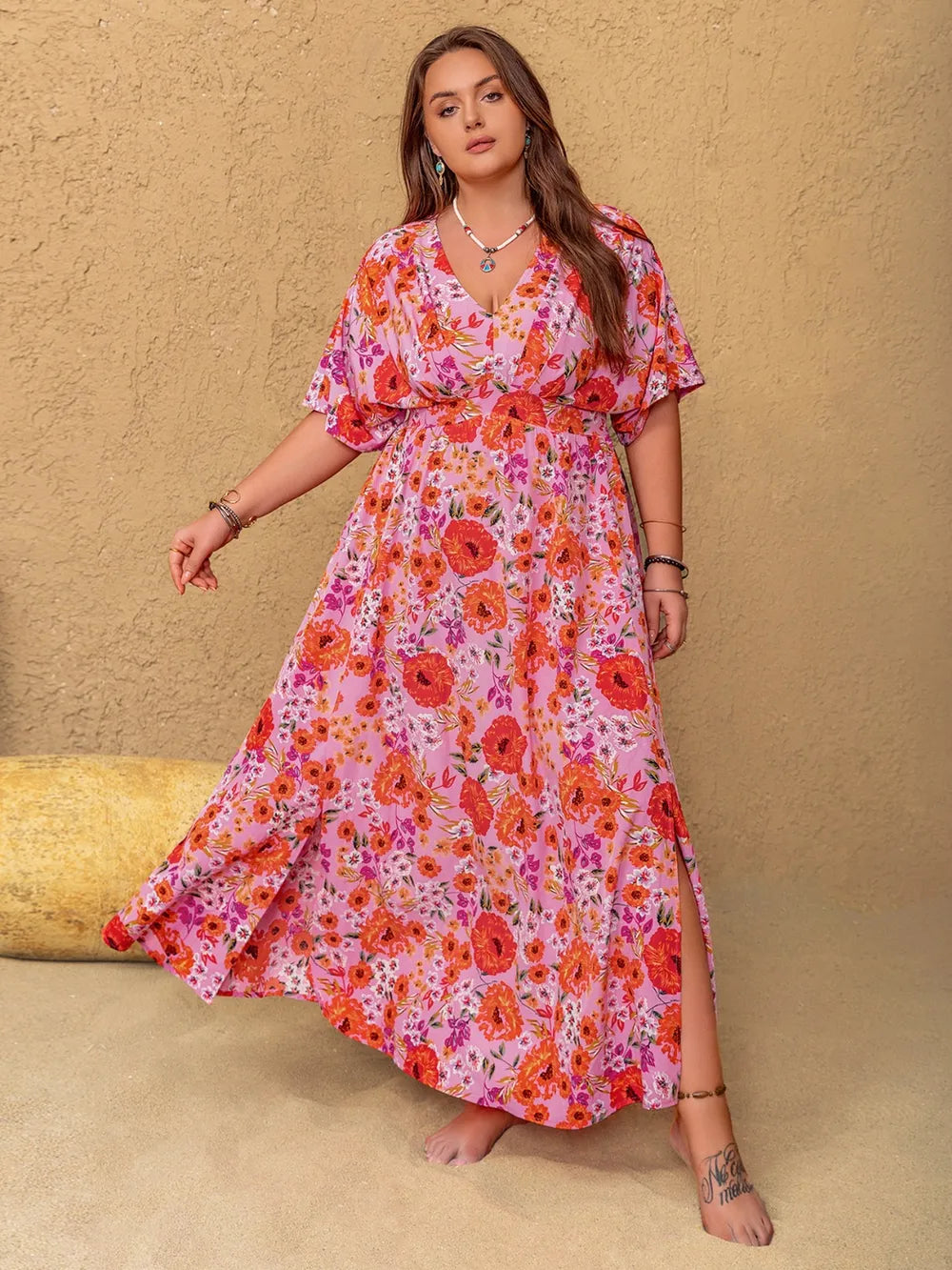 Floral V-Neck Maxi Dress in Fuchsia Pink
