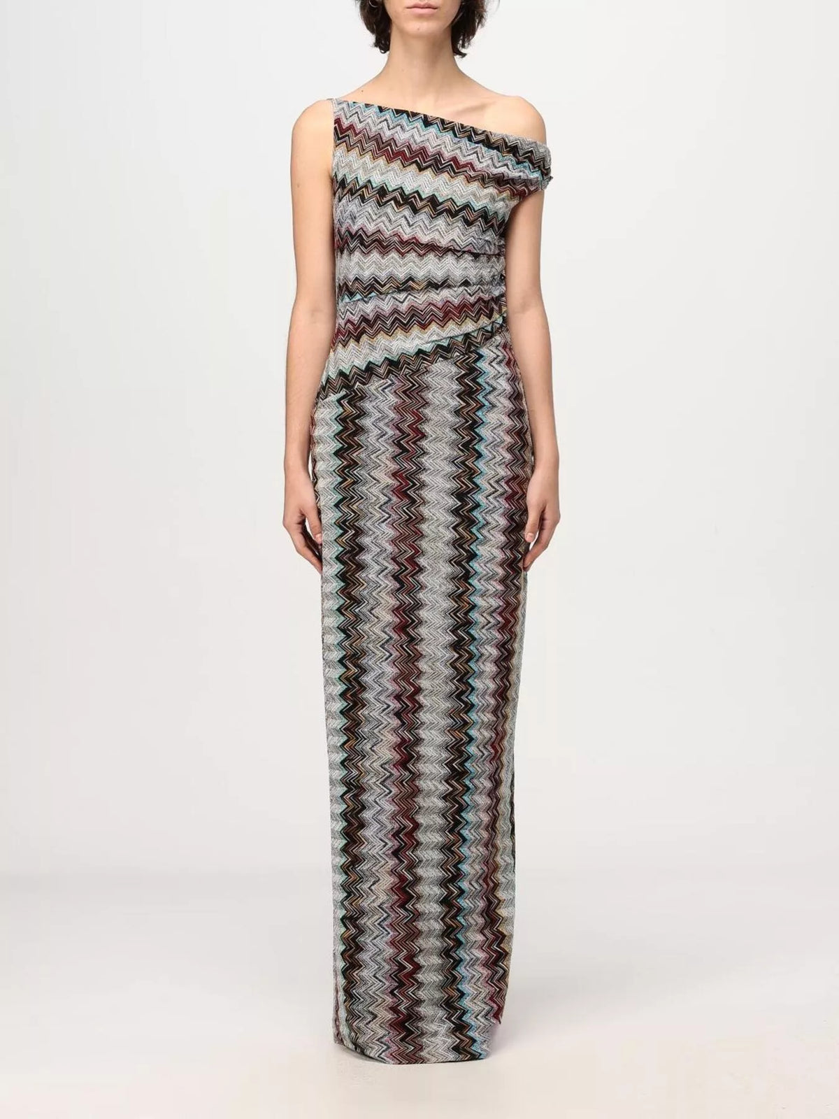 One-Shoulder Zigzag Knit Maxi Dress in Multicolor