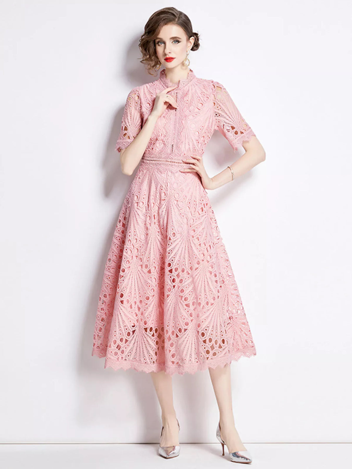 Lace Short Sleeve Midi Dress