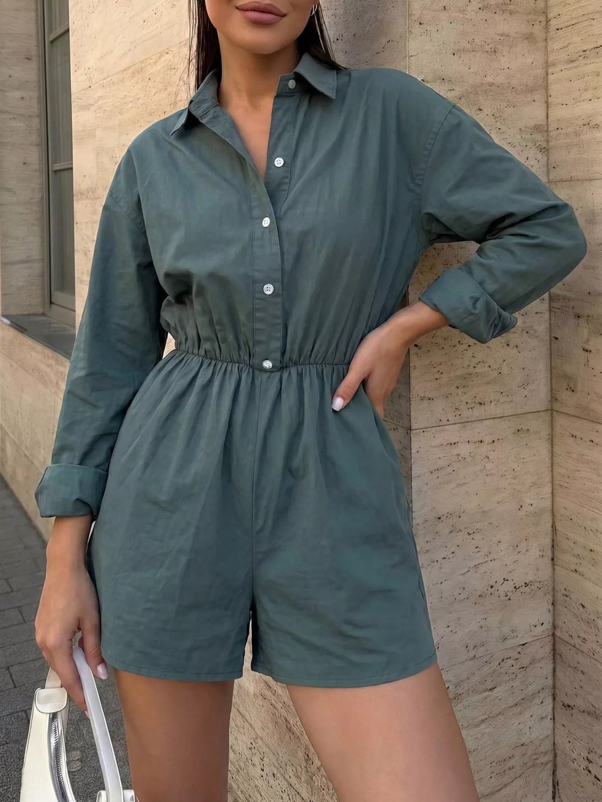 Button Front Long Sleeve Romper in Green