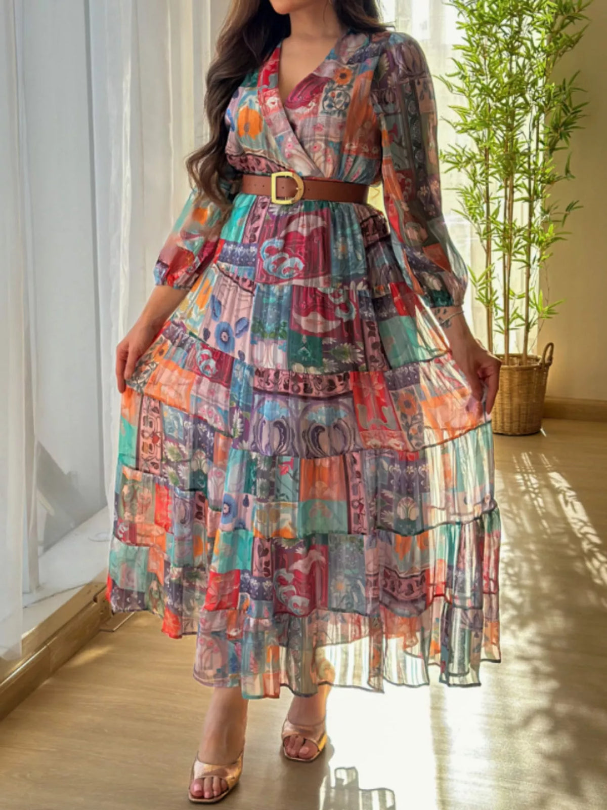 Printed Surplice Long Sleeve Maxi Dress in Multicolor