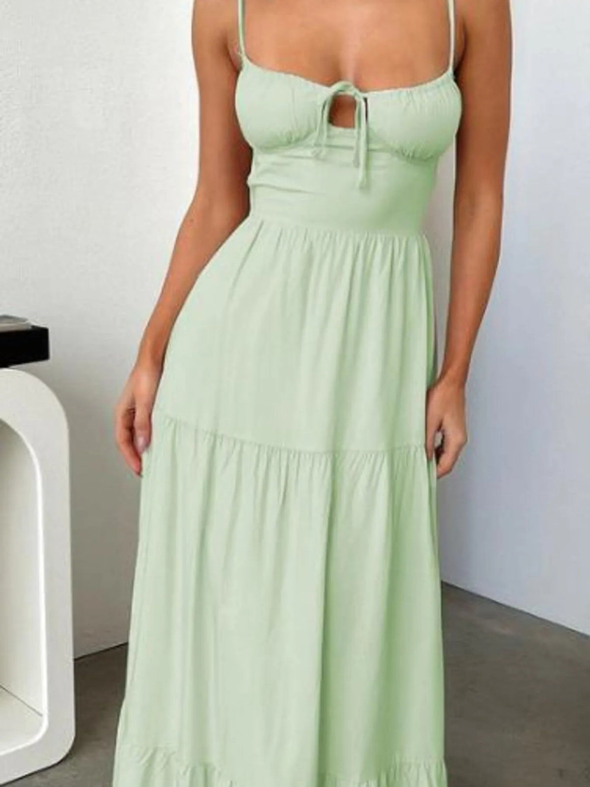 Tiered Lace-Up Spaghetti Strap Maxi Dress