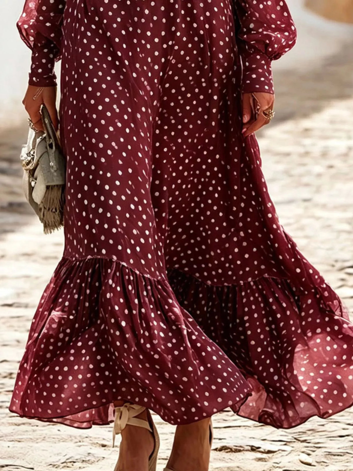 Polka Dot Ruffle V-Neck Maxi Dress