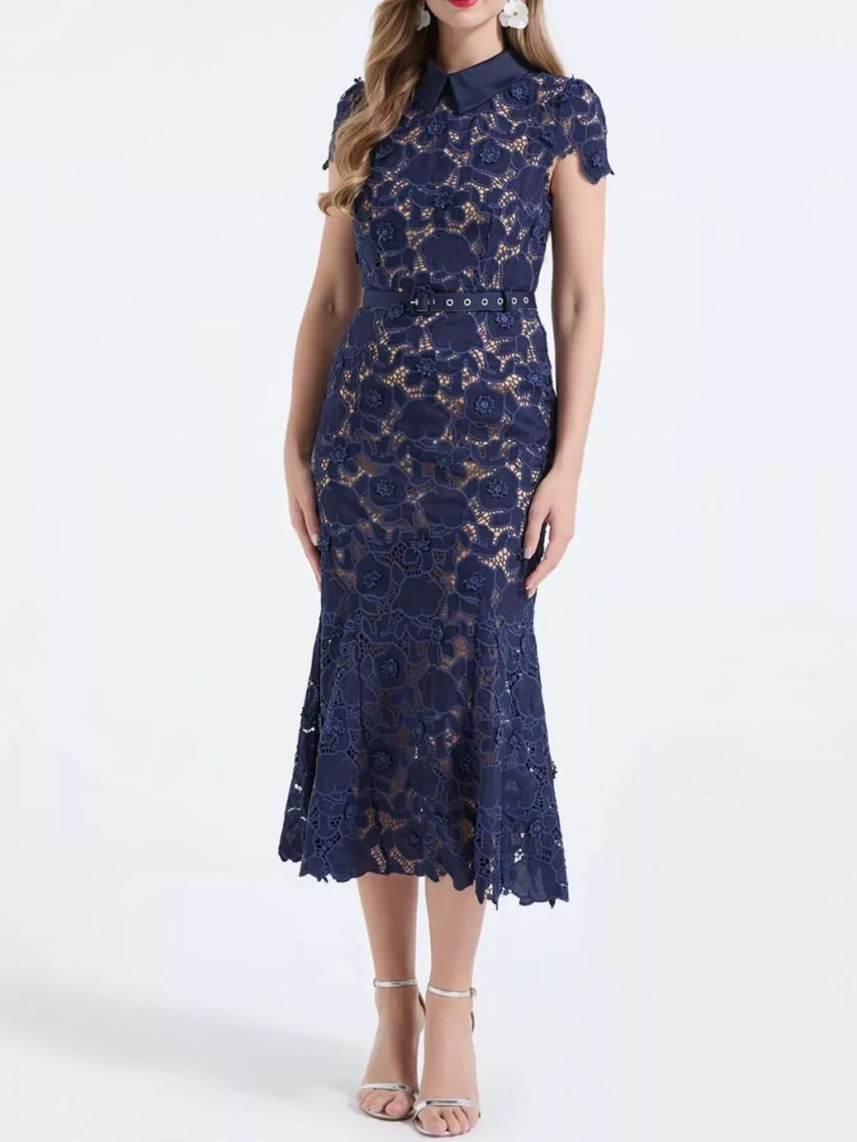 Floral Lace Short-Sleeve Midi Dress
