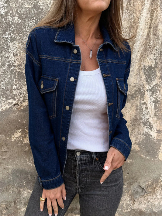 Contrast-Stitch Button-Up Denim Jacket by Ease Mee