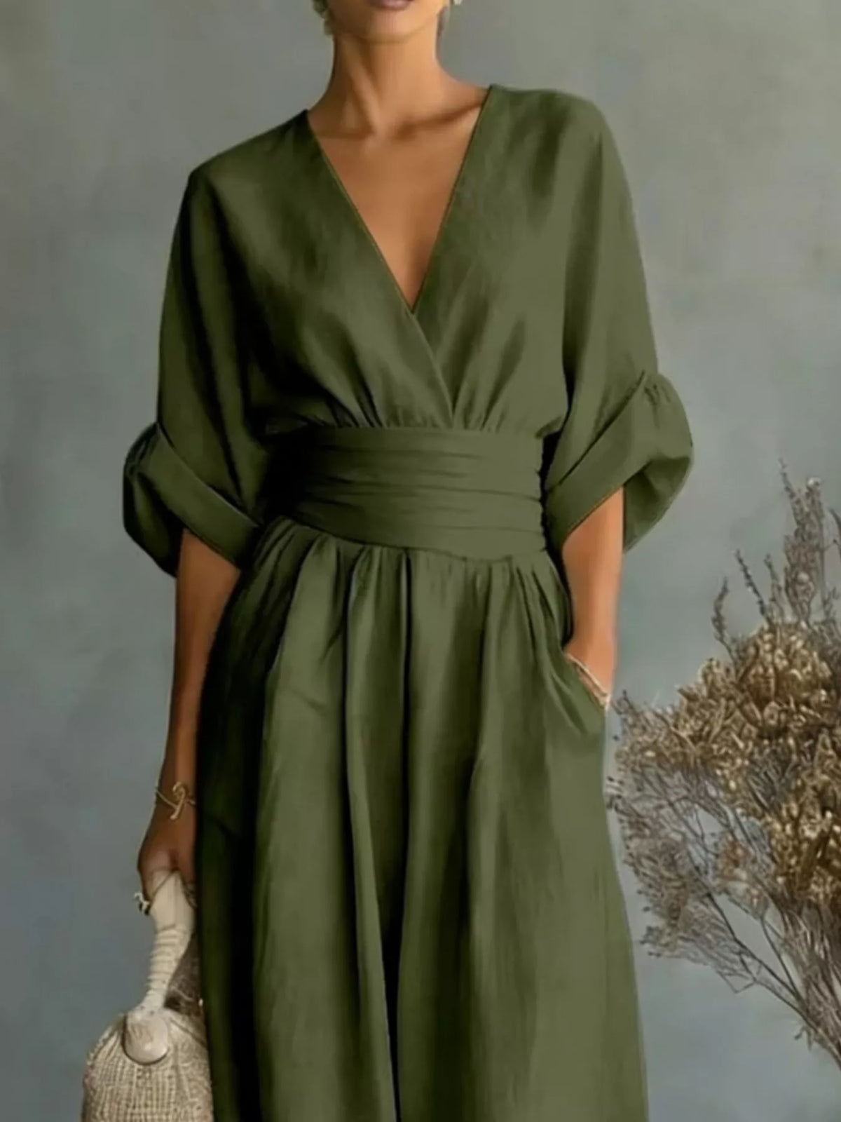 Ruched Half Sleeve Wide-Leg Jumpsuit