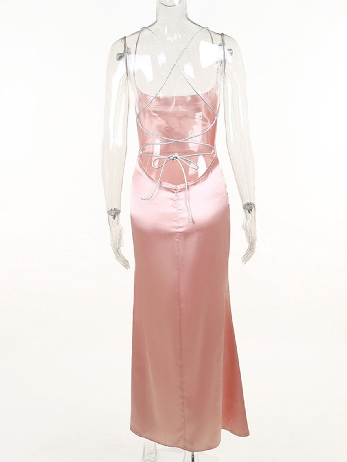 Satin Cowl Neck High-Slit Dress with Lace-Up Back