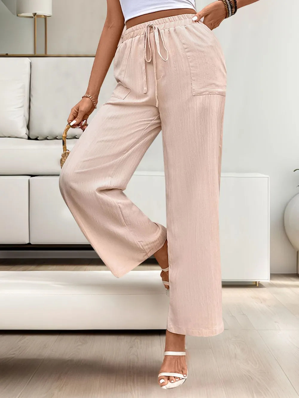 Tied Wide Leg Pants with Pockets in Apricot