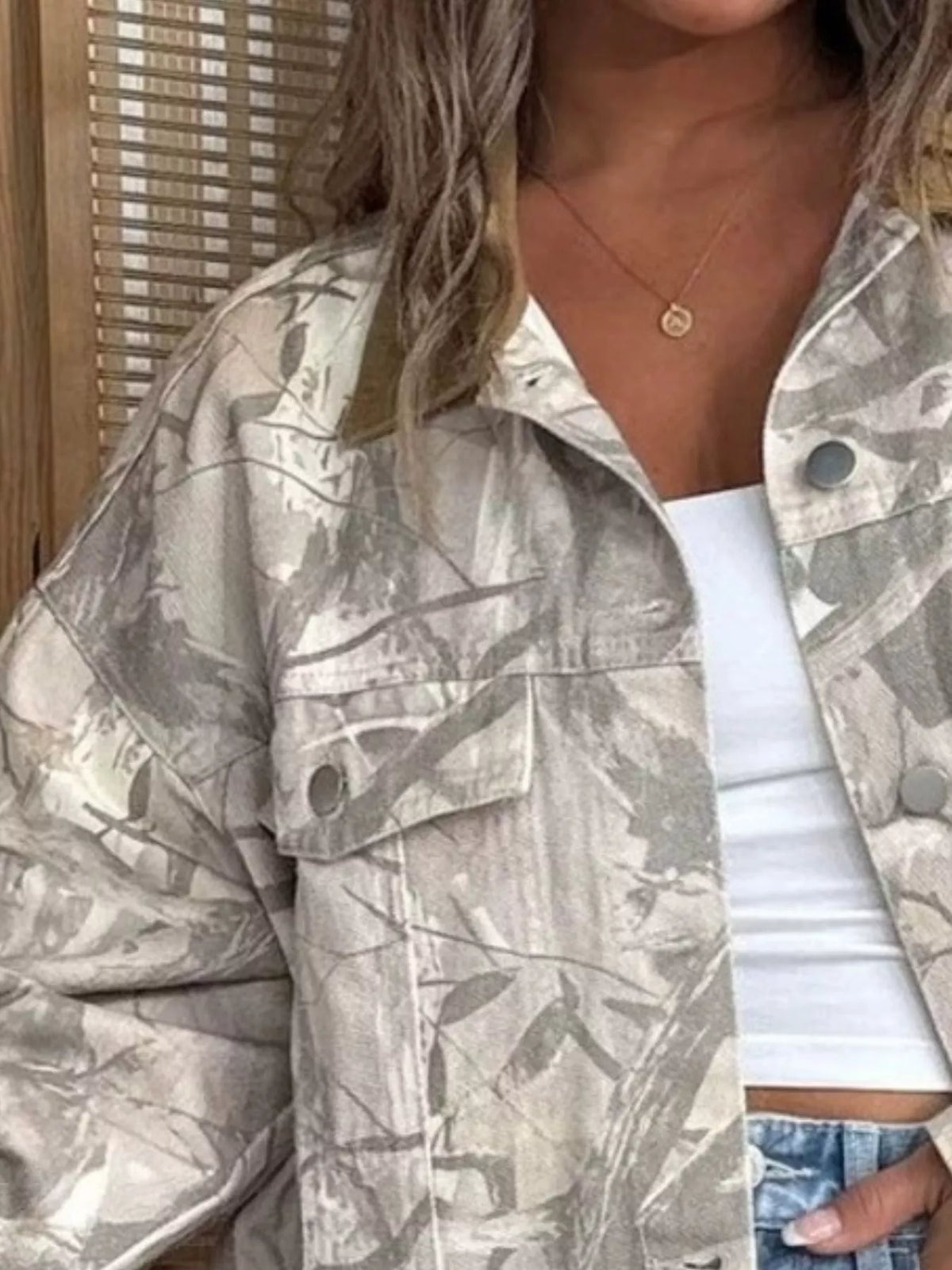 Gray Printed Button Up Denim Jacket