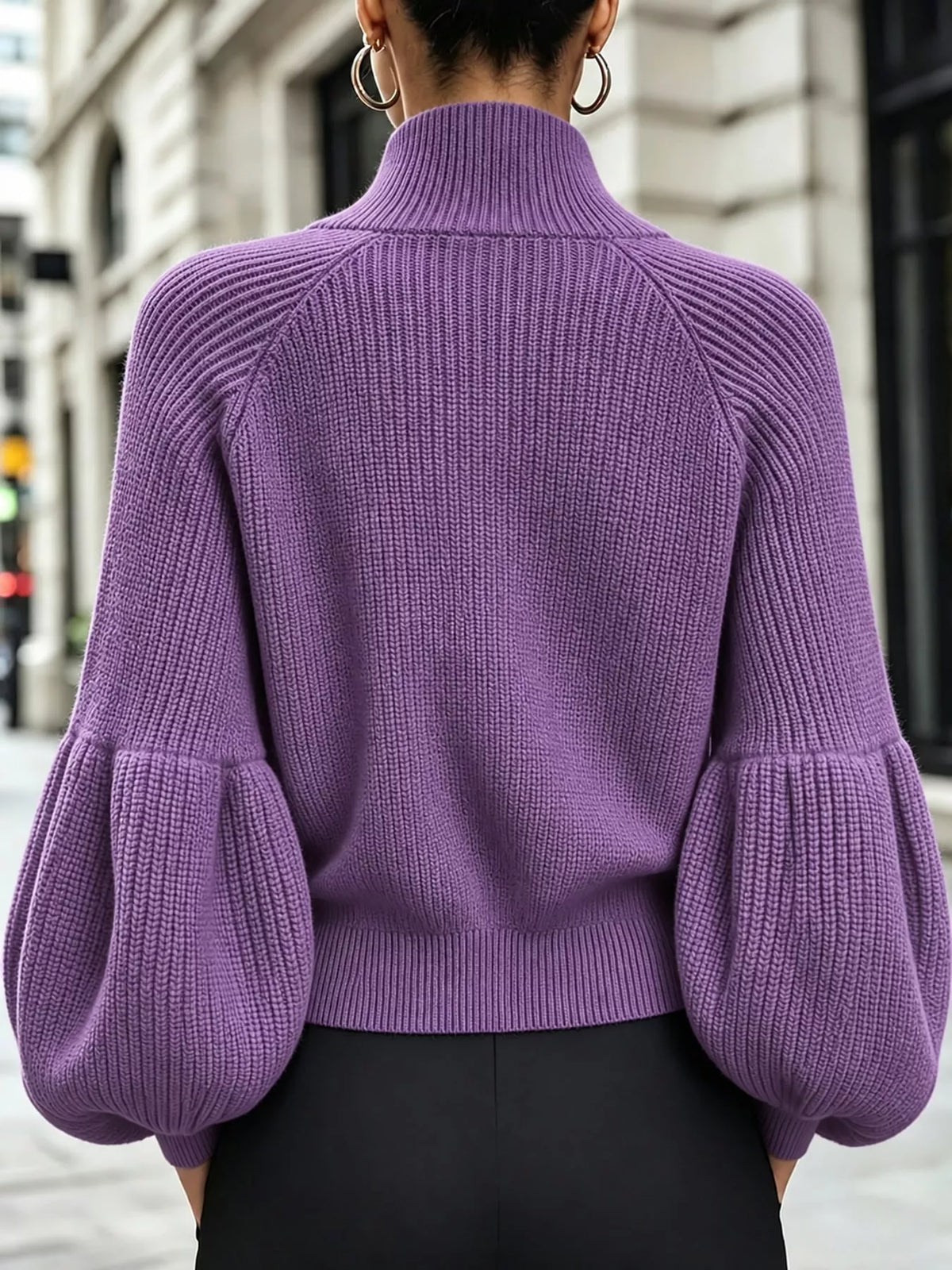 Ribbed Knit Zip-Up Cardigan with Lantern Sleeves