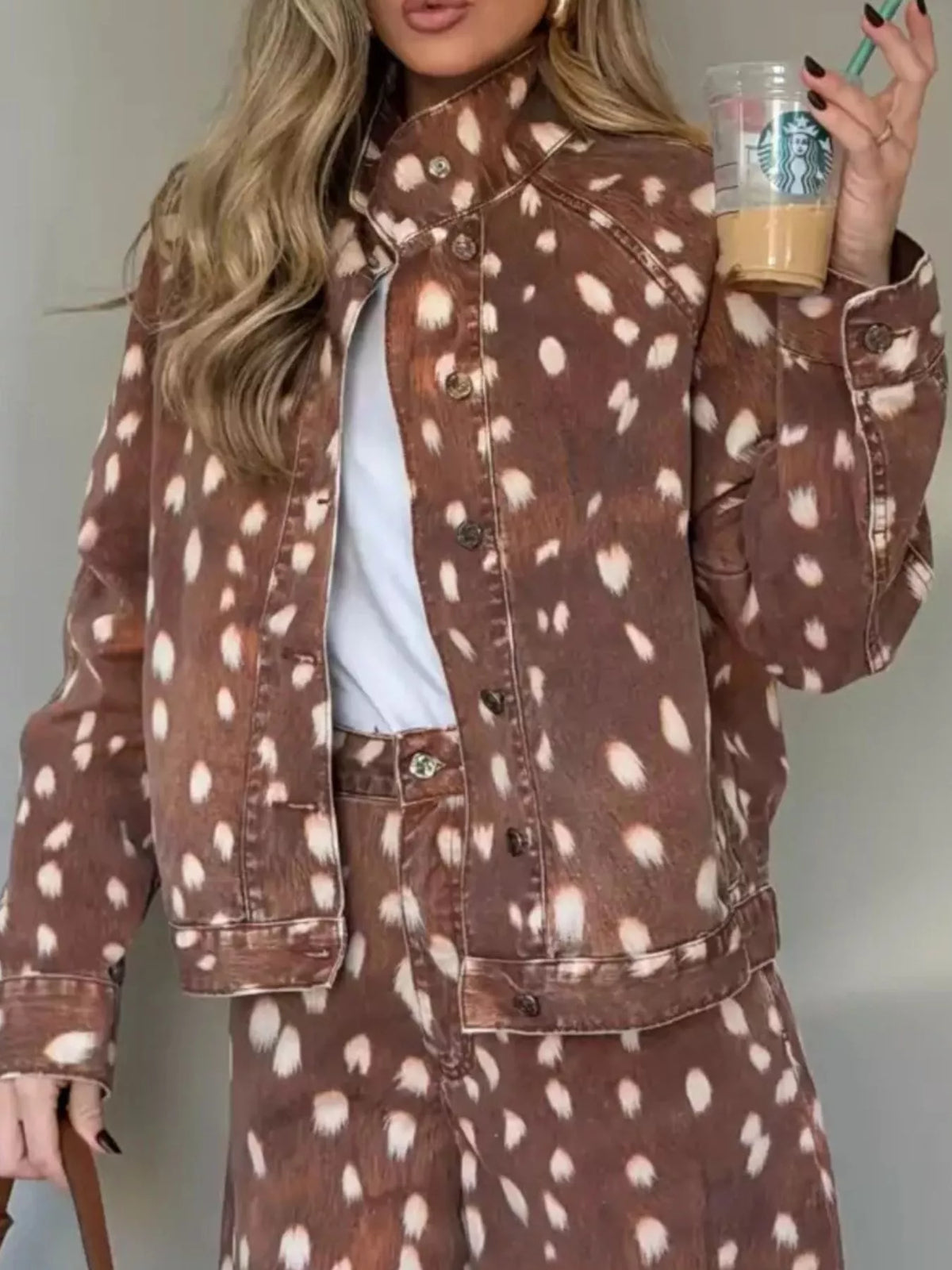 Fawn-Print Button-Down Denim Jacket in Dark Brown