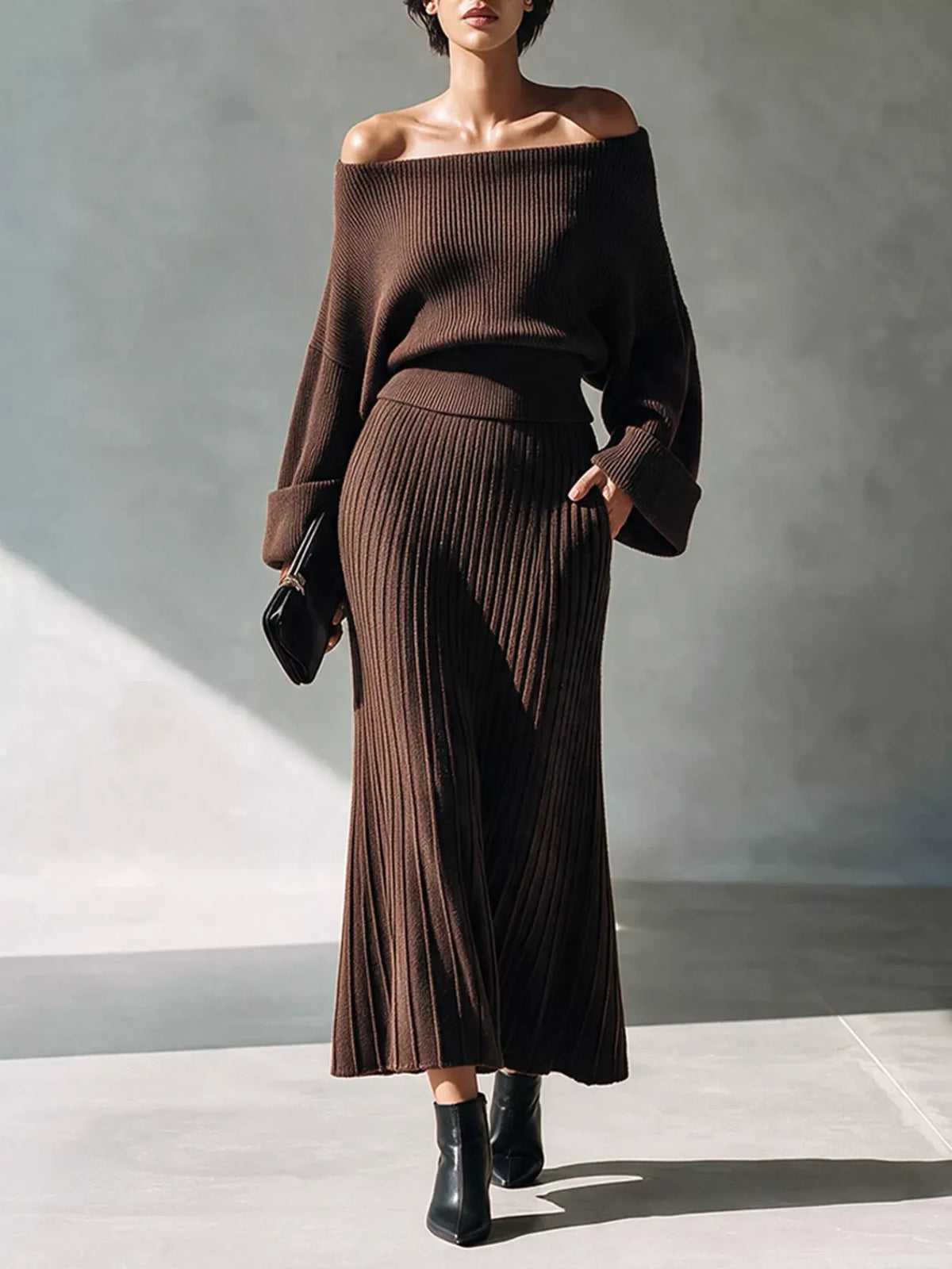 Off-Shoulder Ribbed Knit Top and Skirt Set in Dark Brown