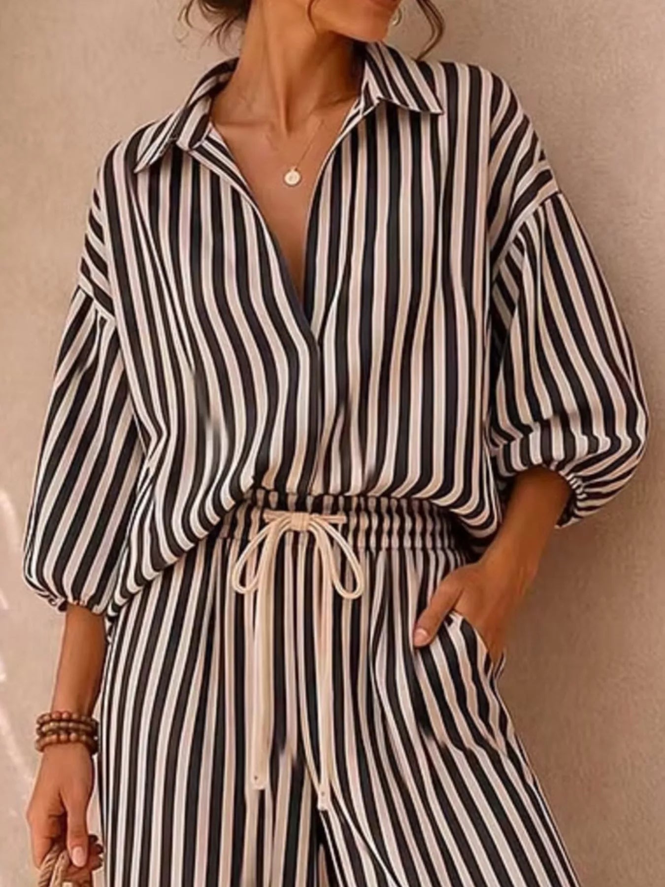 Striped Puff-Sleeve Top and Wide-Leg Pants Set