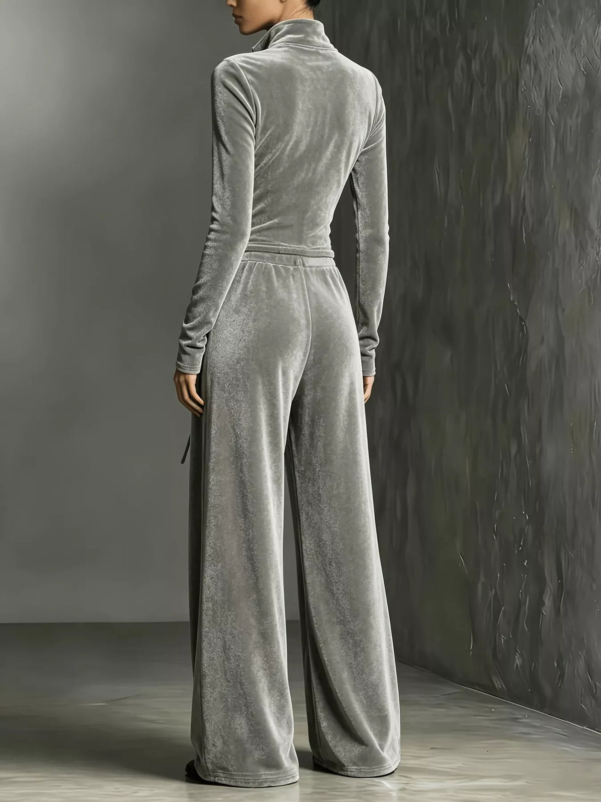 Velour Zip-Front Wide-Leg Jumpsuit in Gray