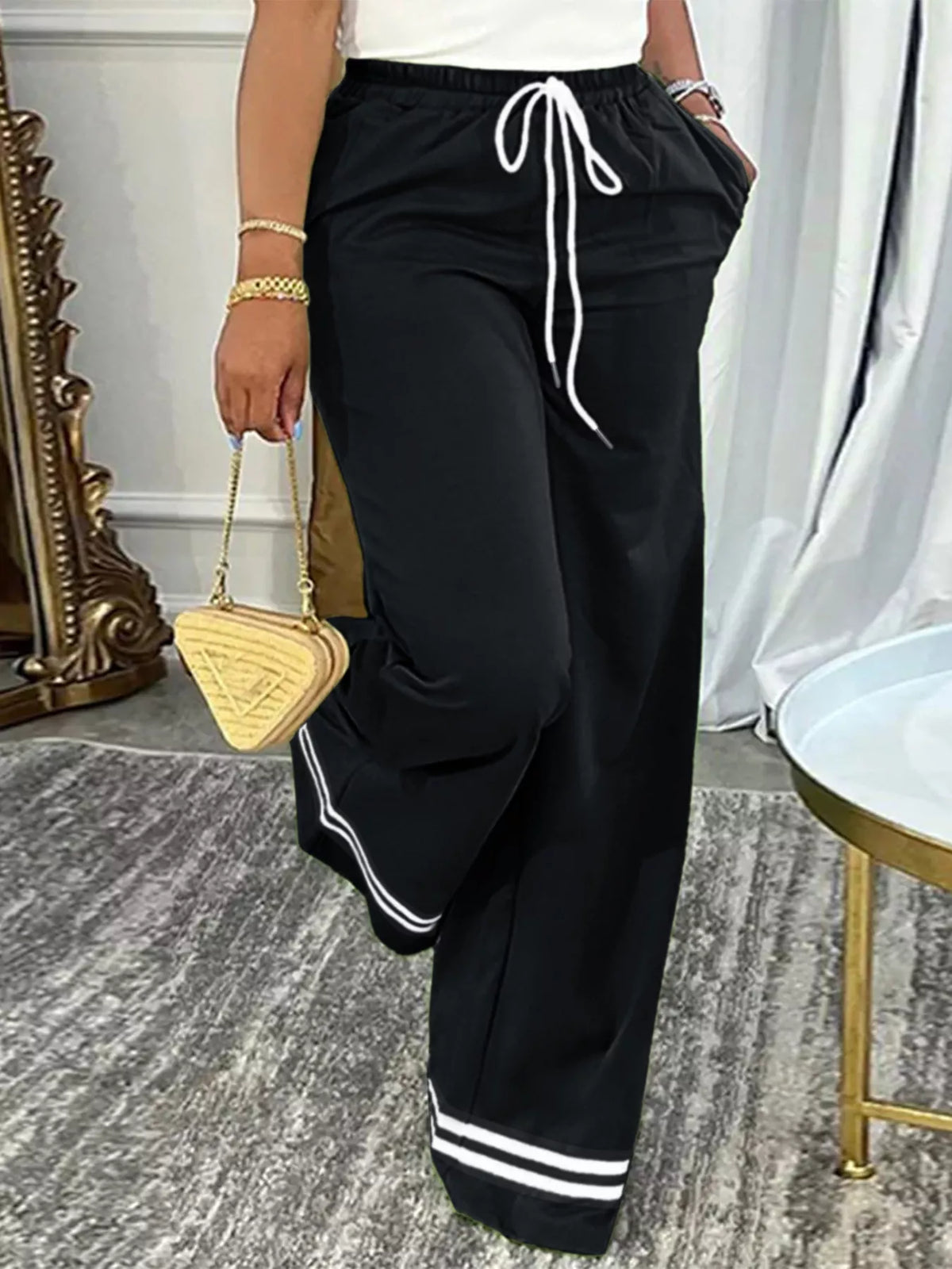 Wide-Leg Pants with Striped Hem in Black