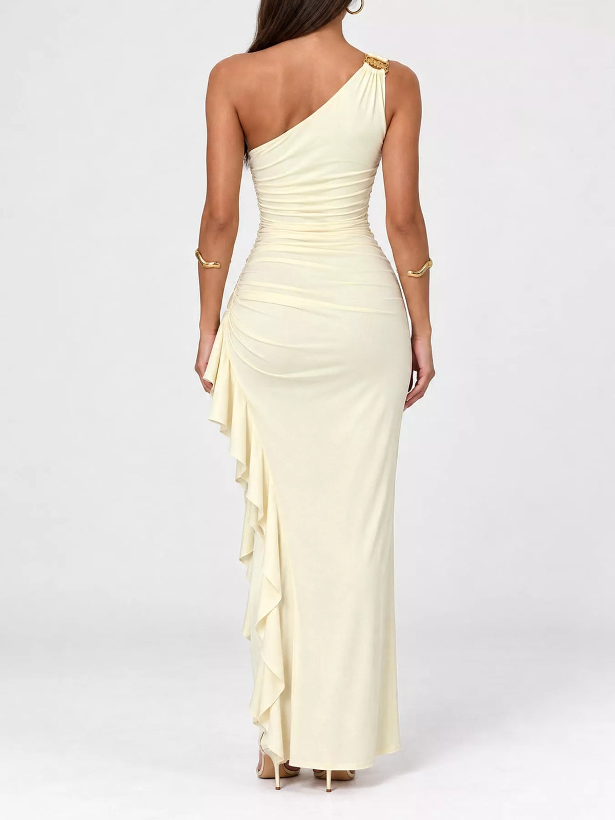 One-Shoulder Ruched Ruffle Hem Maxi Dress