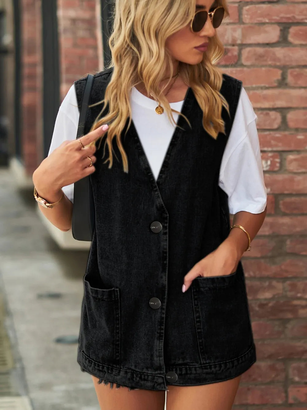 V-Neck Button-Up Denim Vest in Medium by Moni Wear