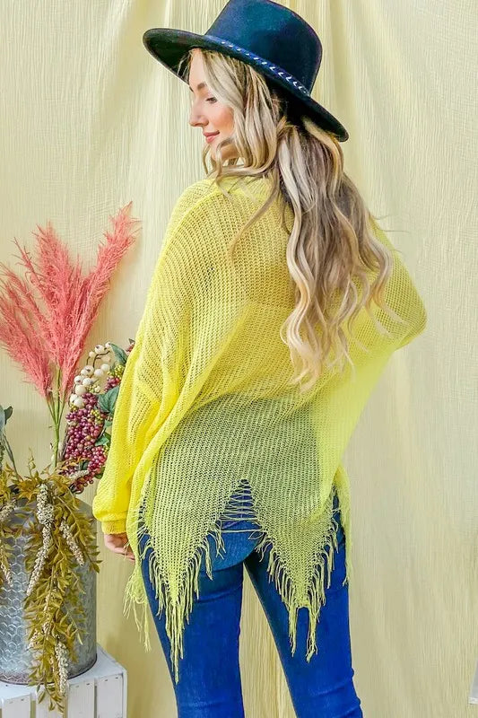 And The Why Distressed Mesh V-Neck Cover-Up in Yellow