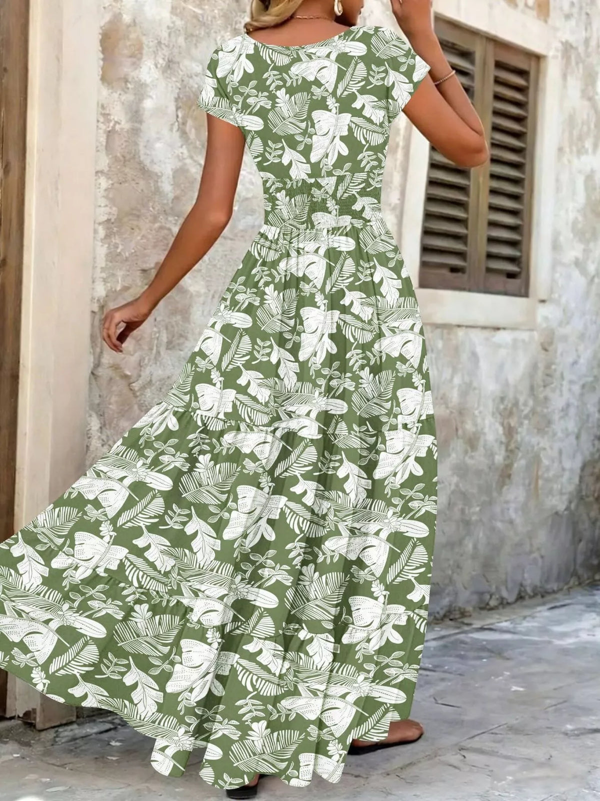 Smocked V-Neck Tiered Maxi Dress