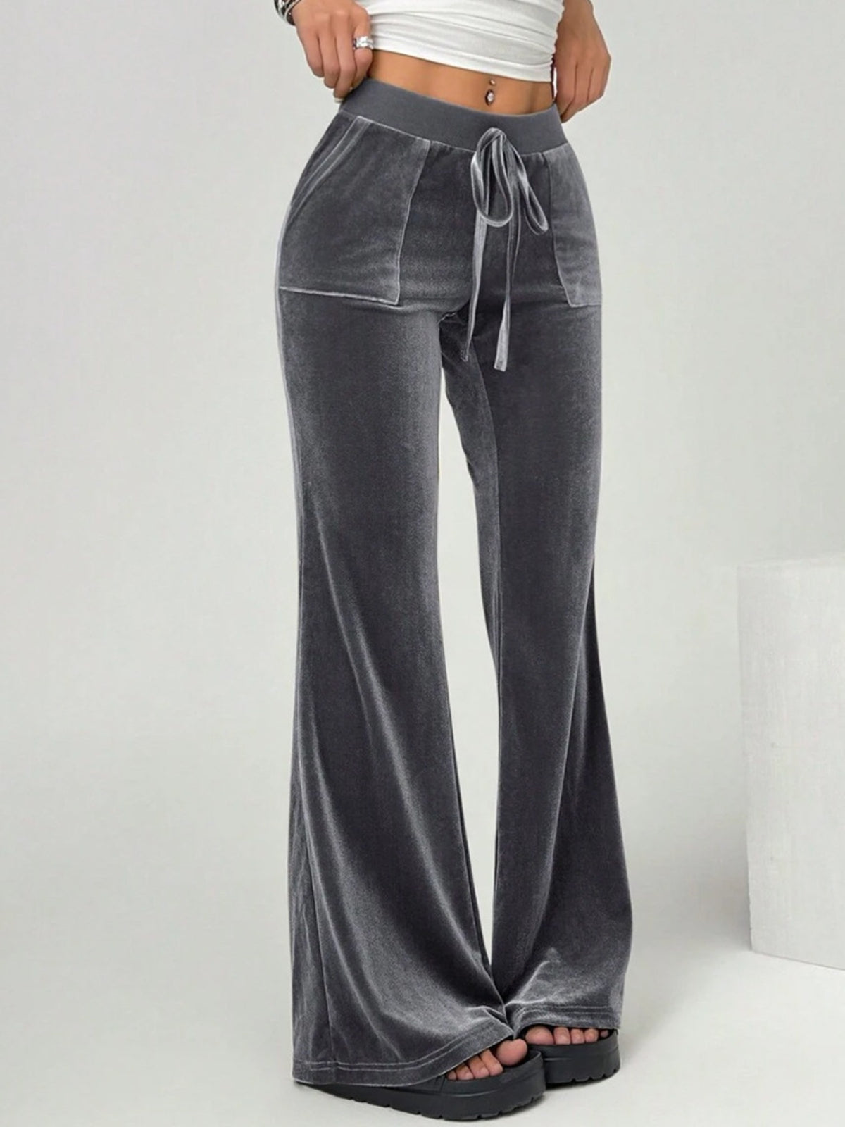 Velvet Flare Pants with Drawstring Waist
