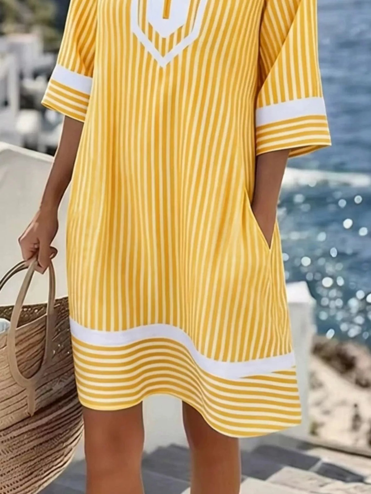 Striped V-Neck Pocketed Casual Dress