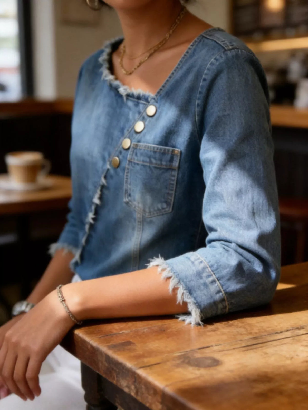 Asymmetric Raw-Edge Denim Top in Navy Blue