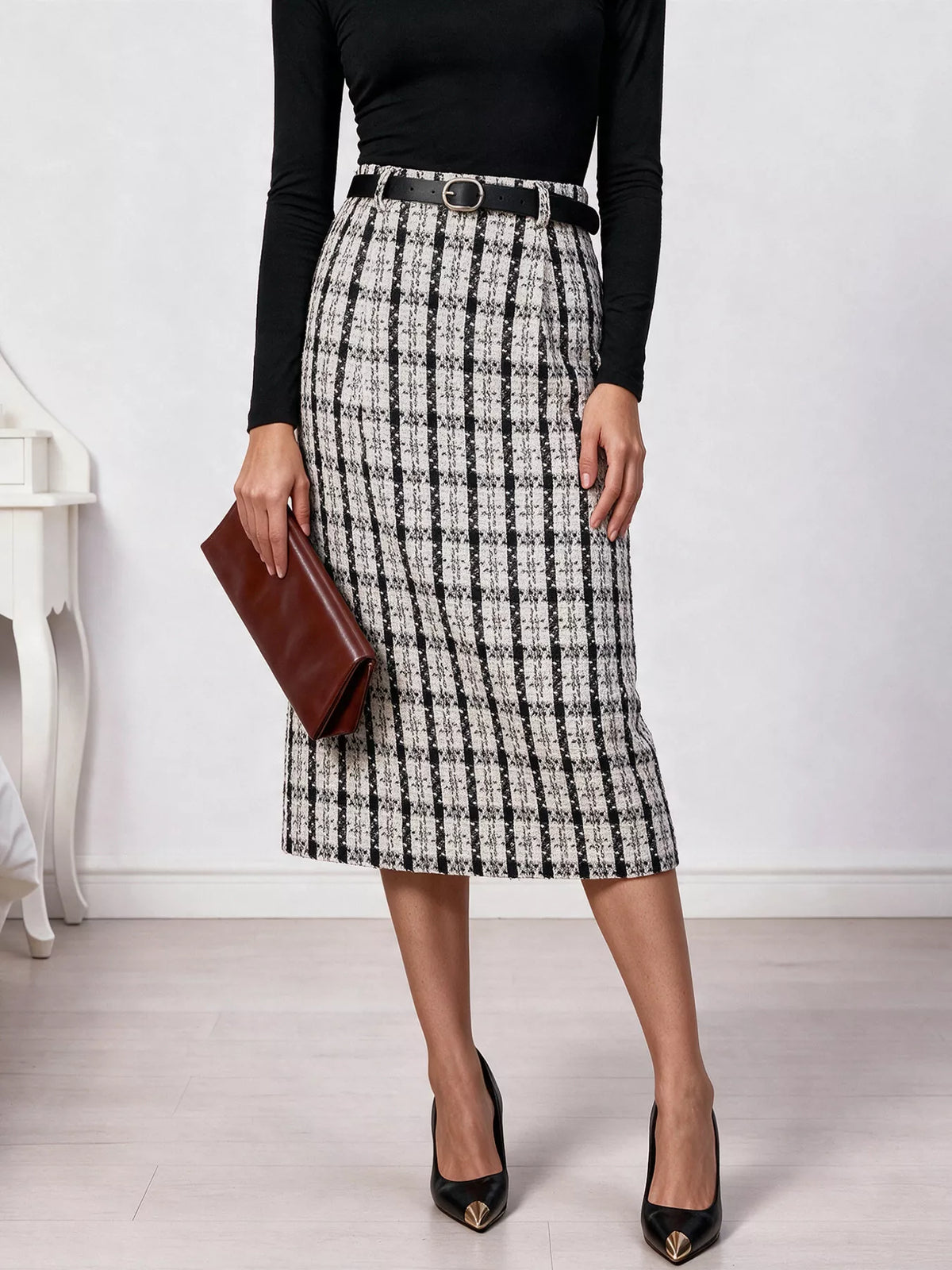 Black High-Waisted Tweed Plaid Midi Skirt